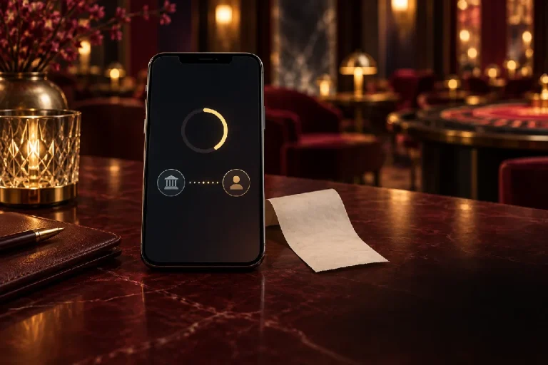 Altın ve bordo tonlu soyut casino salonu önünde, casino eft para yatırma işleminin beklemesini simgeleyen telefon ve yazısız dekont yer alıyor.