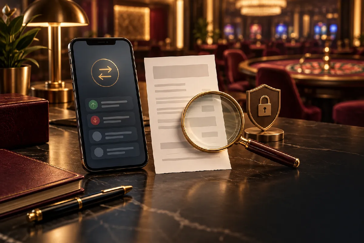 Altın ve bordo tonlu soyut casino salonu önündeki masada casino havale dekont takibini simgeleyen telefon, belge ve büyüteç yer alıyor.