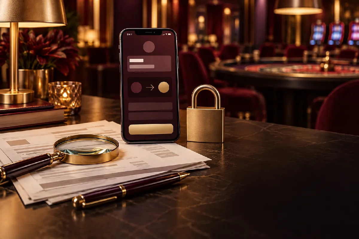 Altın ve bordo tonlu soyut casino salonu önünde telefon, kilit ve boş işlem belgeleri casino sitesine havale öncesi güvenlik kontrollerini betimliyor.